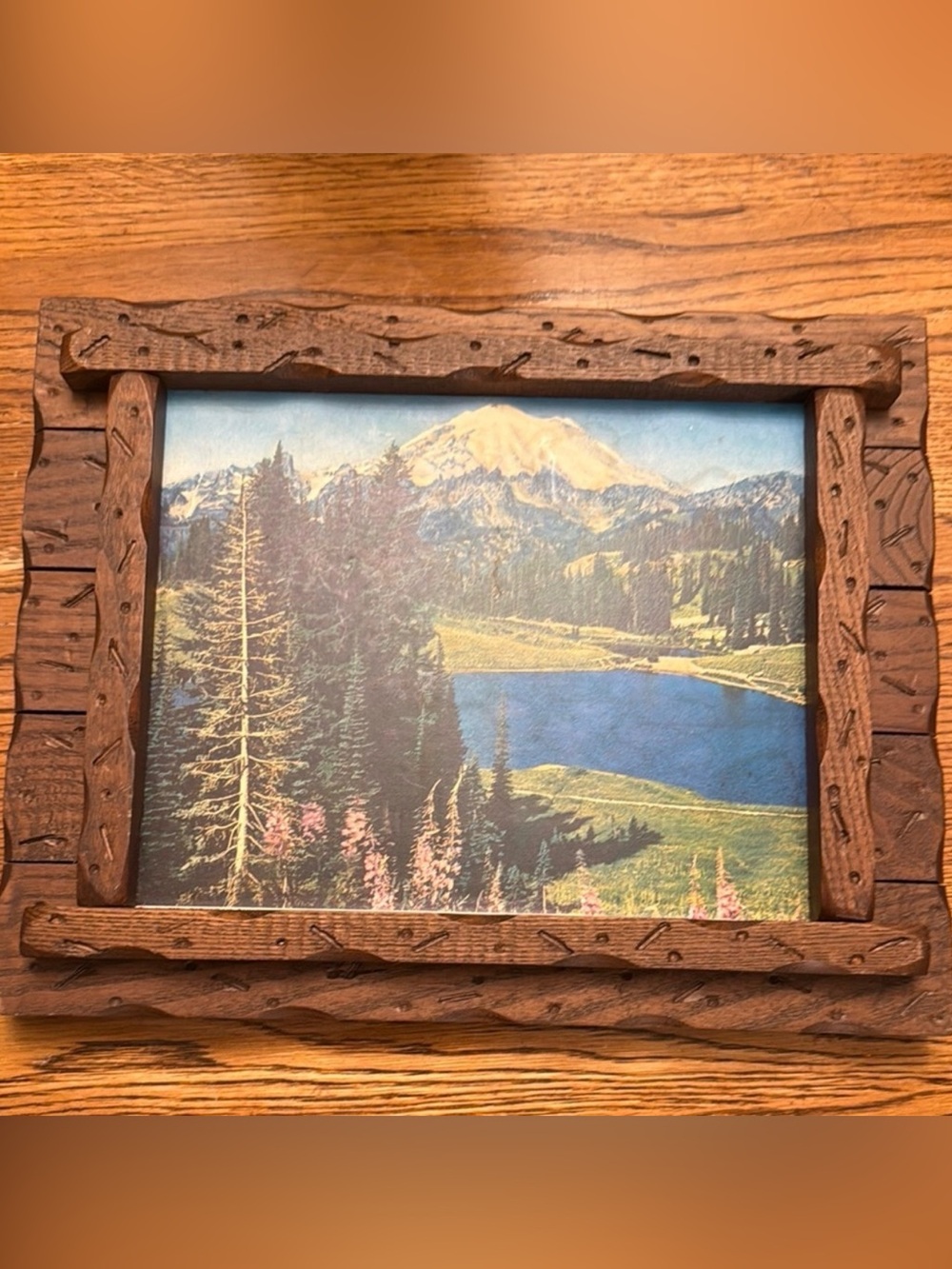 Handcrafted Brown Wooden Picture Frame with Scenic Landscape 14x11